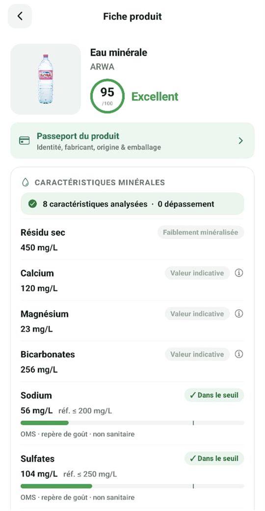 Fiche produit ScanDZ avec un score élevé, palier et composition